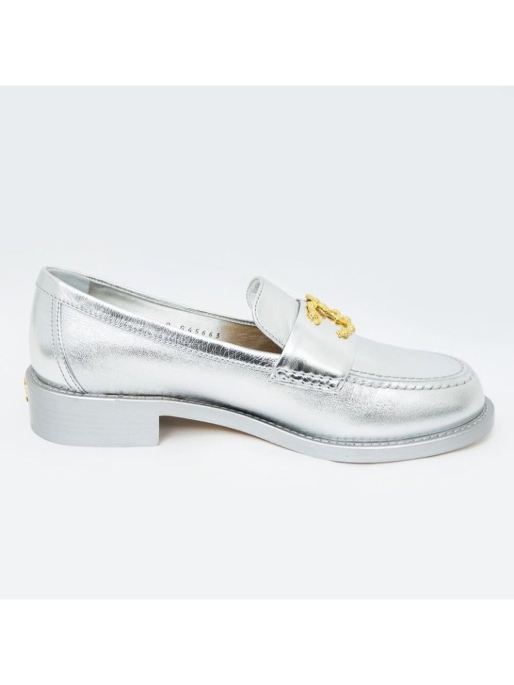 Chanel CC Logo Leather Loafers Silver Gold Hardware 37 1 2 - Picture 2 of 10